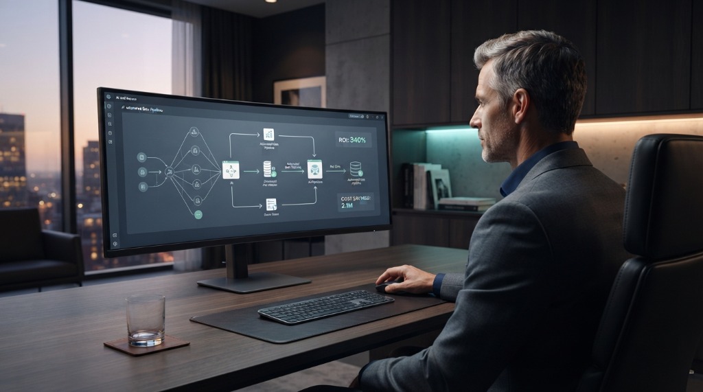 Consultant reviewing an automation pipeline with ROI metrics on a monitor