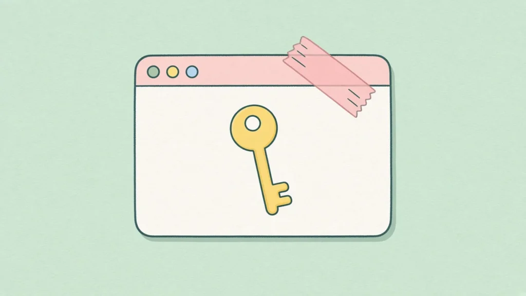 Pastel comic of a key taped visibly to the outside of a browser window