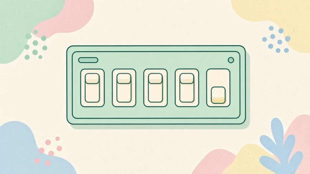 Pastel comic of a control panel with five switches, four of them still off