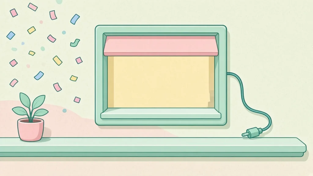 Pastel comic of a checkout window with confetti on the left and an unplugged cable on the right