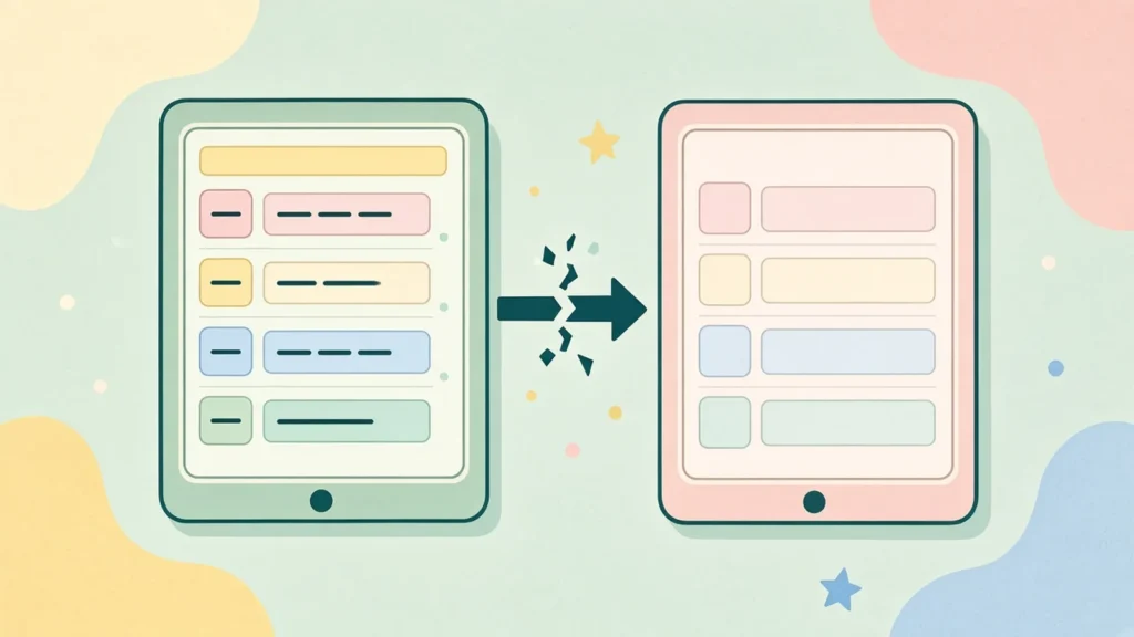 Pastel comic of a form being filled on the left screen and the same form empty on the right screen with a broken arrow between them