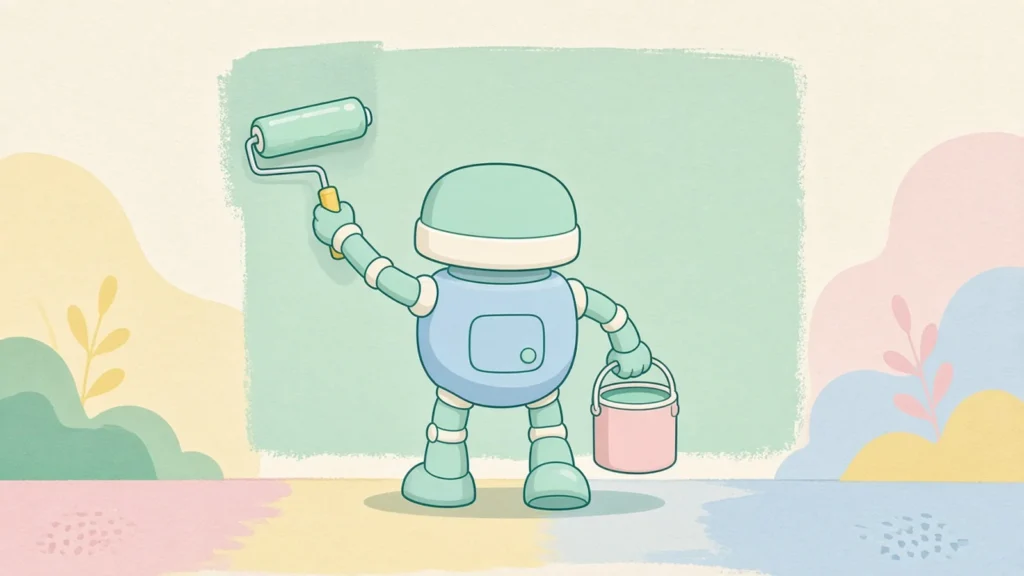 Pastel comic of a friendly robot repainting a wall nobody asked it to touch