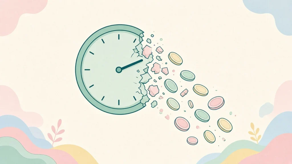 Pastell-Comic einer Uhr, deren Stundenzeiger in fallende Münzen verwandelt werden
