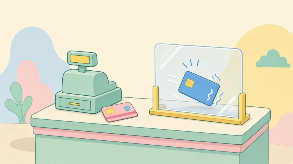 Pastel comic of a shop counter with a toy credit card accepted and a real card bouncing off a barrier