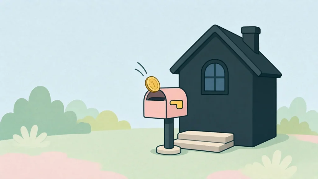 Pastel comic of a coin dropping into a mailbox while the house stays dark