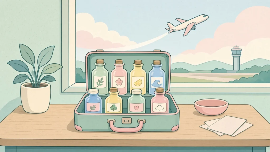 Pastell-Comic eines Koffers mit beschrifteten Flaschen auf dem Schreibtisch, während das Flugzeug abhebt